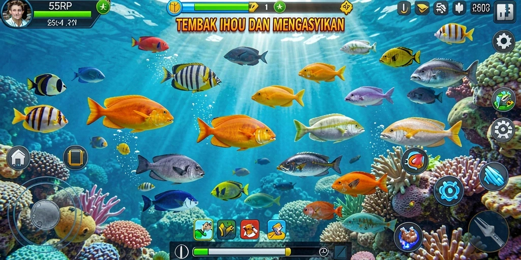 Screenshot gameplay 55RP menunjukkan serunya menembak ikan.