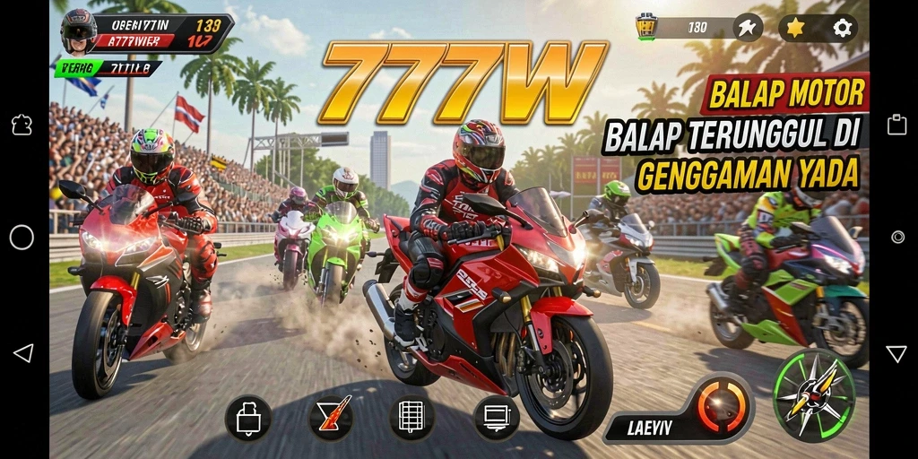Gameplay seru balap motor di 7777W di jalur yang menarik.