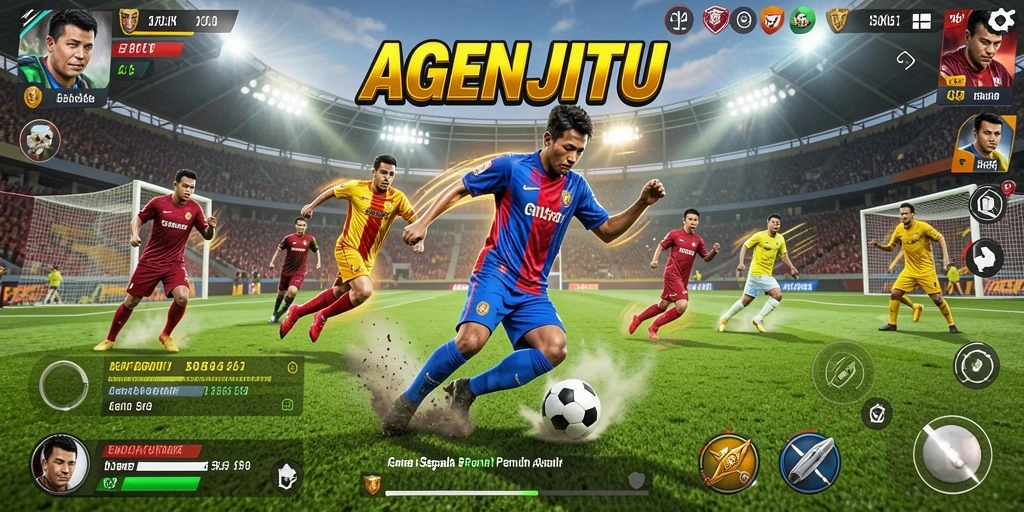 Tampilan gameplay seru di AGENJITU dengan aksi sepak bola intens.