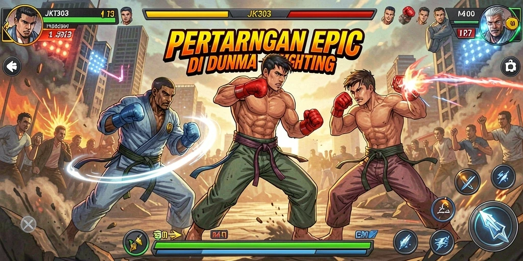 Screenshot menunjukkan karakter bertarung di arena dengan efek pertarungan yang dramatis.