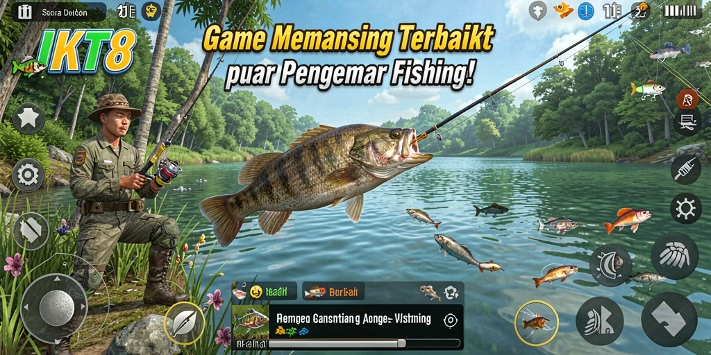 Screenshot gameplay JKT8 menunjukkan aksi memancing yang mendebarkan.