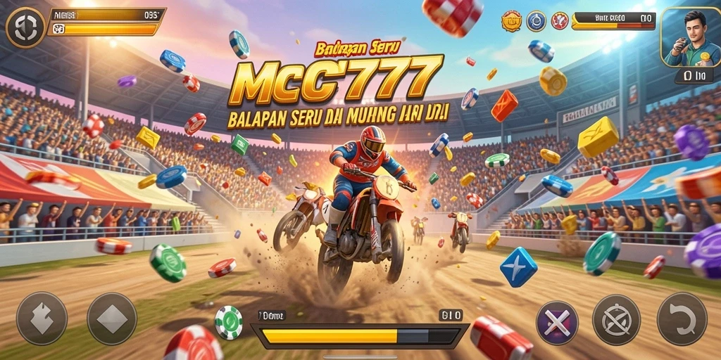 Screenshot menunjukkan aksi balapan mendebarkan di dalam game MC777.