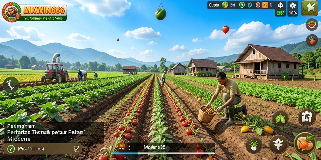 Tangkapan layar MKWIN666 menunjukkan petani sedang merawat ladang dan hewan ternak.