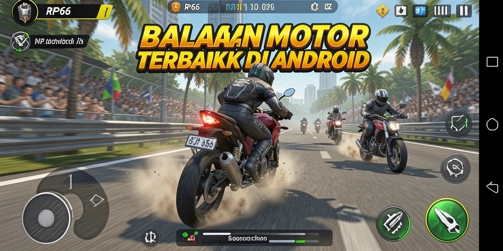 Screenshot utama menunjukkan aksi balapan motor yang seru.