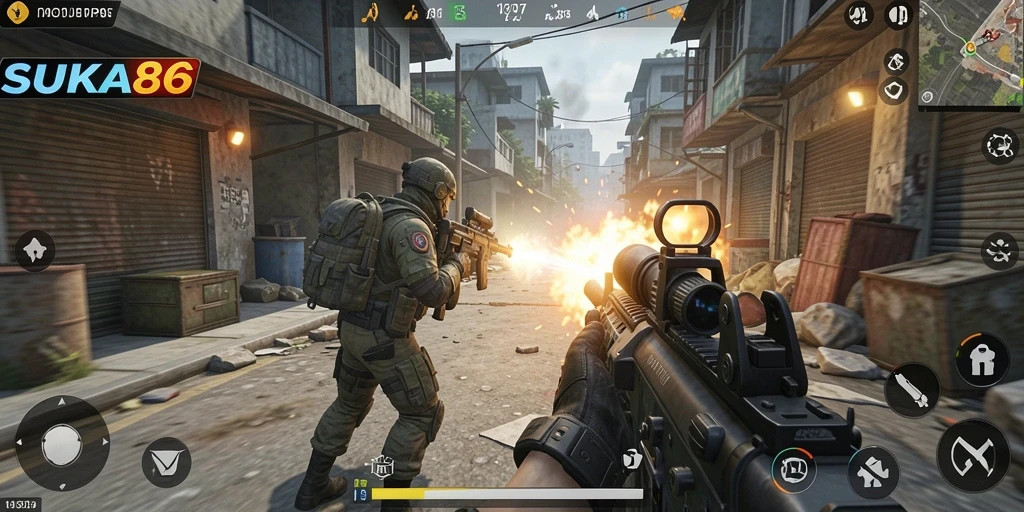 Screenshot gameplay SUKA86 menampilkan aksi tembak-menembak yang intens.